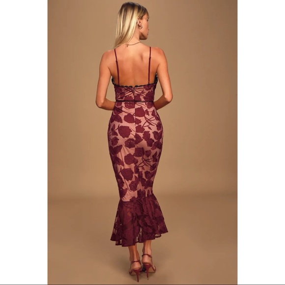 NWOT Lulus Alluring Dream Burgundy Floral Mesh Lace Trumpet Midi Dress XLARGE - Picture 4 of 10